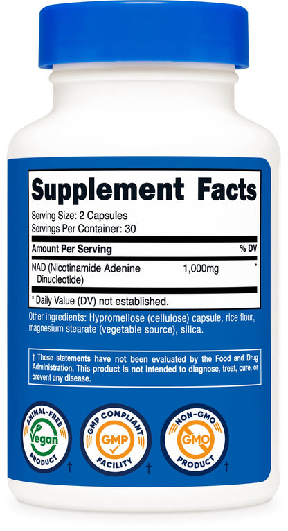 Nutricost NAD+ Supplement 1,000mg per Serving, 120 Capsules, 60 Servings | Nicotinamide Adenine Dinucleotide, Gluten-Free, Vegan