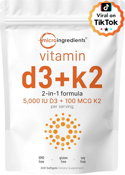 Micro Ingredients Vitamin D3 5,000iu + K2 100mcg Softgels & Pure Triple Magnesium Complex 400mg Capsules | 2 Pack Bundle | Essential D & K Sunshine Vitamins | Glycinate, Malate, & Taurate Forms