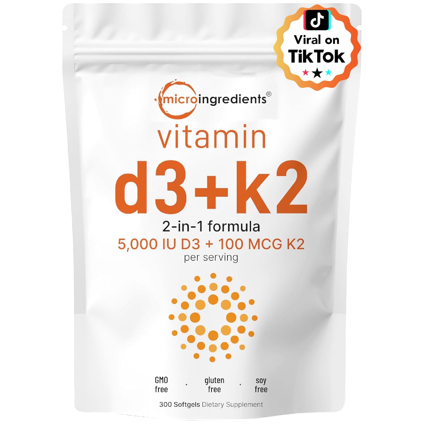 Micro Ingredients Vitamin D3 5,000 IU + K2 MK-7 100 mcg, 300 Softgels | 2-in-1 Vitamins D & K Complex | Extra Strength, Easy to Swallow, Non-GMO, Gluten Free
