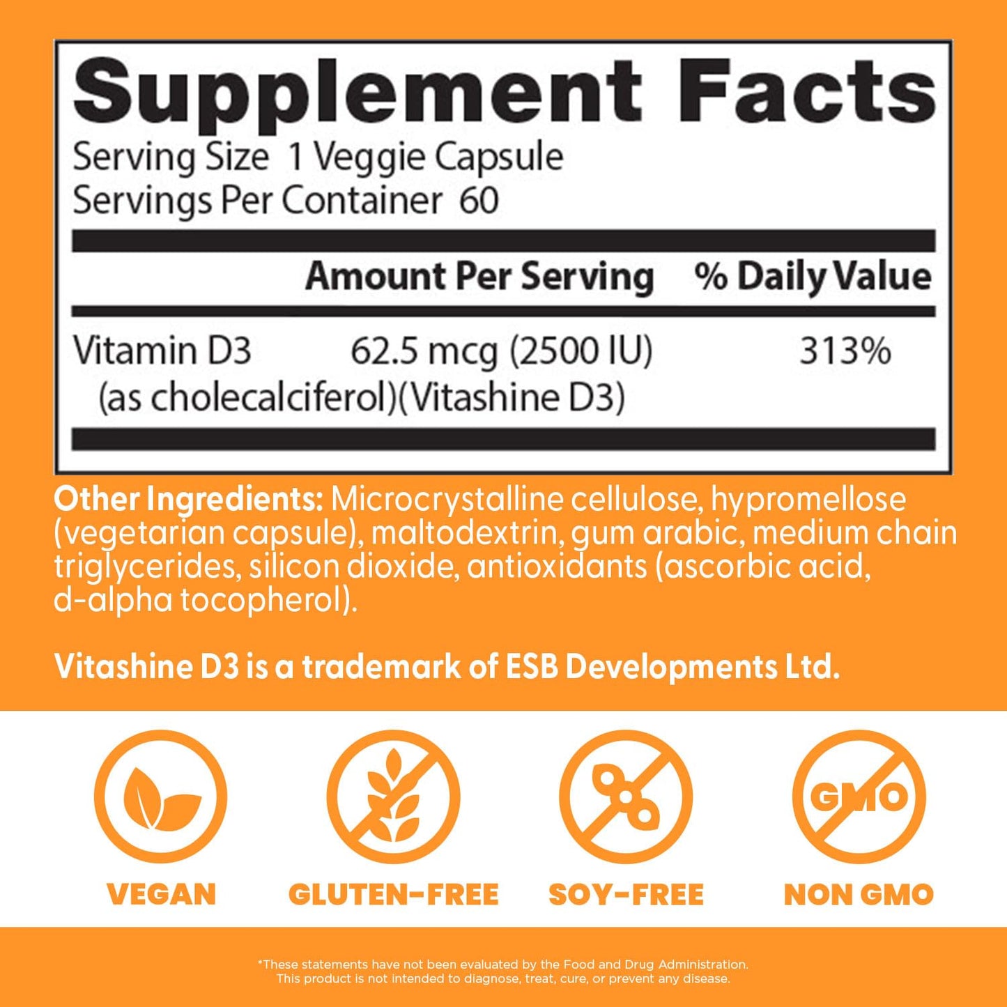 Doctors Best Vegan Vitamin D3 2500 IU Veg Caps - Vegan Vitamin D Supplement for Men & Women, Helps Support Calcium Absorption, Heart Health & Immune Support, 62.5 mcg per Serving - 60 Veggie Capsules