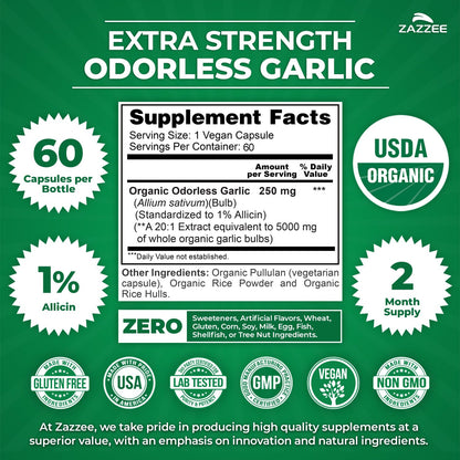 Zazzee USDA Organic Odorless Garlic 20:1 Extract, 1% Allicin, 100 Vegan Capsules, 3+ Month Supply, Allium Sativum, Immune, Circulation & Heart Health Support, All-Natural, Non-GMO, Made in the USA