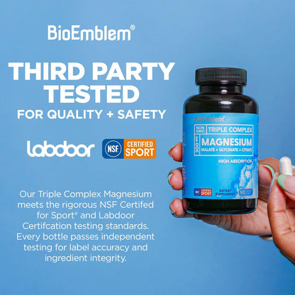 BioEmblem Triple Magnesium Complex | 300mg Magnesium Glycinate, Malate & Citrate | High Absorption Chelated Formula | Vegan, Non-GMO, Gluten-Free | 90 Capsules