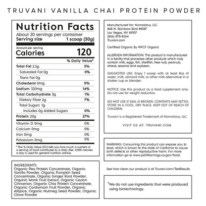 Truvani Organic Vegan Protein Powder Vanilla Chai - 20g of Plant Based Protein, Organic