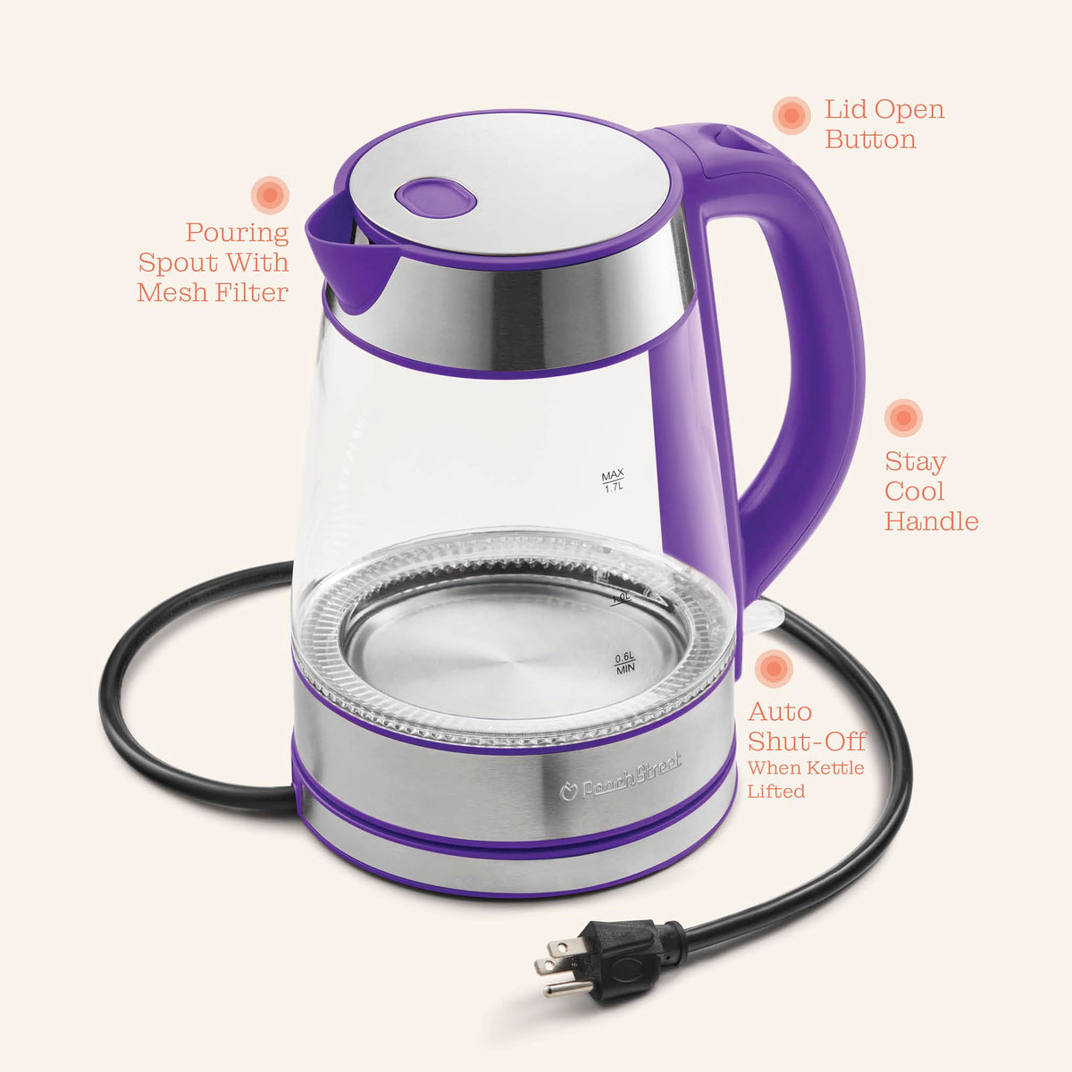 Speed-Boil Electric Kettle - 1.7L Water Boiler 1500W, Coffee & Tea Kettle Borosilicate Glass
