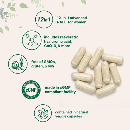 Micro Ingredients Liposomal NAD+ for Women Complex, 180 Veggie Capsules | NMN Pathway Supplement | 12-in-1 Advanced NAD Formula with Resveratrol, Hyaluronic Acid, Glutathione, & Collagen