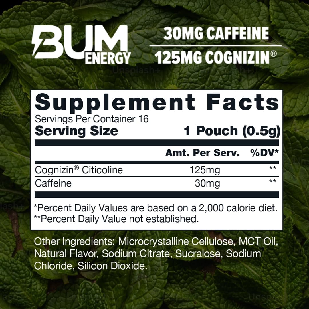Bum Energy Pouches, Wintergreen, 30mg Caffeine + 125mg Cognizin Citicoline, Clean Energy & Focus, Discreet Oral Energy Pouches, 5 Packs of 16 Count