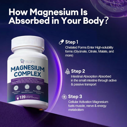 Migcopat Magnesium Complex w/Magnesium Glycinate, Malate, Citrate | 24-in-1 Magnesium Supplement w/Ashwagandha, L-Theanine & NAD+ | Supports Calm, Energy, Muscle & Sleep | Non-GMO, 120 Vegan Caps