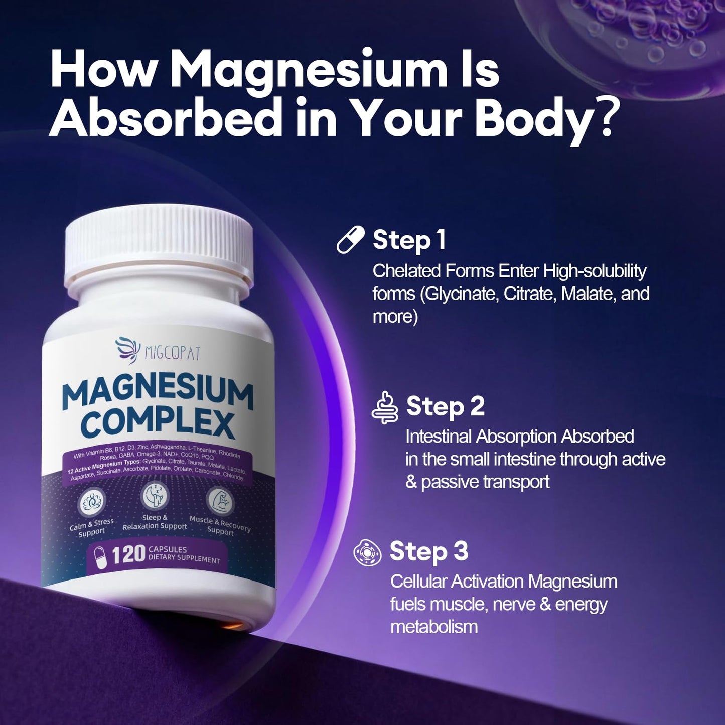 Migcopat Magnesium Complex w/Magnesium Glycinate, Malate, Citrate | 24-in-1 Magnesium Supplement w/Ashwagandha, L-Theanine & NAD+ | Supports Calm, Energy, Muscle & Sleep | Non-GMO, 120 Vegan Caps