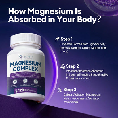Migcopat Magnesium Complex w/Magnesium Glycinate, Malate, Citrate | 24-in-1 Magnesium Supplement w/Ashwagandha, L-Theanine & NAD+ | Supports Calm, Energy, Muscle & Sleep | Non-GMO, 120 Vegan Caps