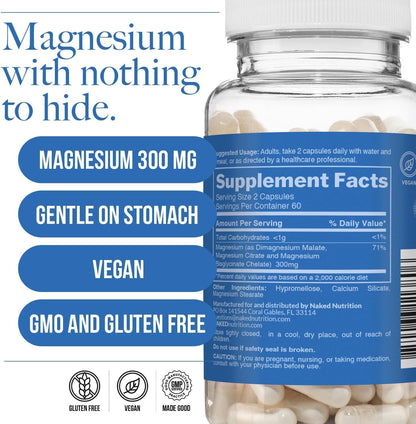 Naked Magnesium Glycinate Complex - 300mg Magnesium Supplement with Citrate & Malate - High Absorption Formula - Vegan, Non-GMO, Gluten-Free - 120 Capsules