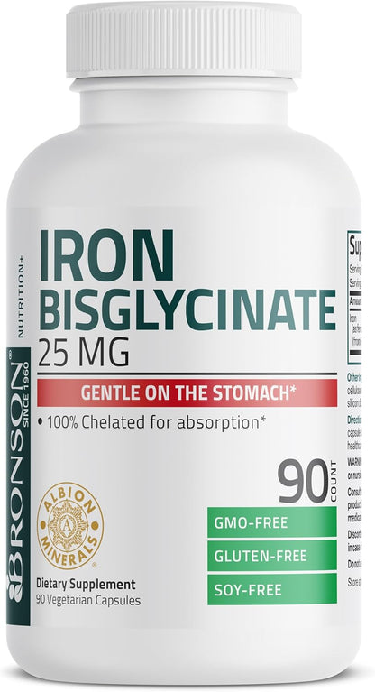 Bronson Iron Bisglycinate 25 mg, 90 Vegetarian Capsules | Gentle on the Stomach, Non-Constipating, Supports Energy & Red Blood Cell Production, Non-GMO, Gluten-Free & Soy-Free