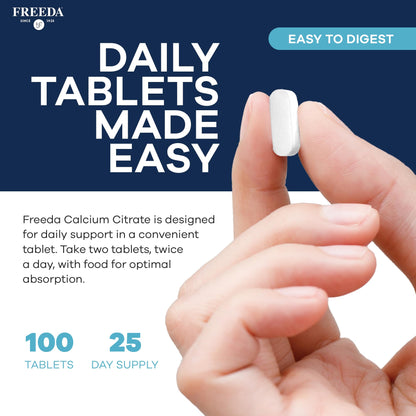 FREEDA Calcium Citrate 1000mg Supplement for Bone Support – 250 Tablets | Supports Bone Strength, Teeth, & Muscle Function – Highly Absorbable Calcium Formula – No Vit D, Vegan, Kosher, Made in USA