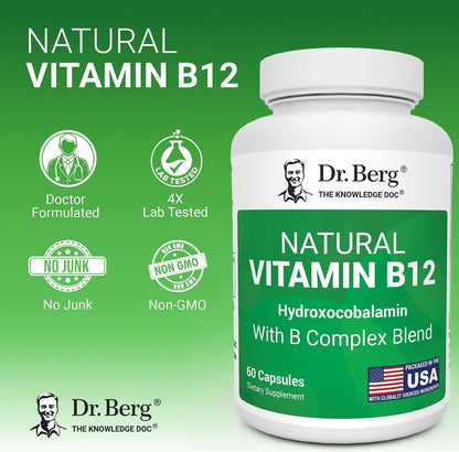 Dr. Berg Natural Vitamin B12 1000 mcg (Hydroxocobalamin) 60 Capsules – Energy, Brain & Nervous System Support* – w/B-Complex + Magnesium – 4X Lab Tested, GMO-Free, No Fillers