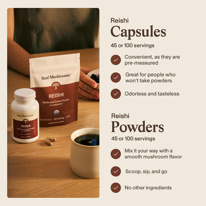 Real Mushrooms Reishi Mushroom Powder - Handpicked Organic Mushroom Extracts - Red Reishi for Tranquil Daily Wellness with Verified Beta Glucans Vegan, Non-GMO, No Grain Fillers, 45 Servings