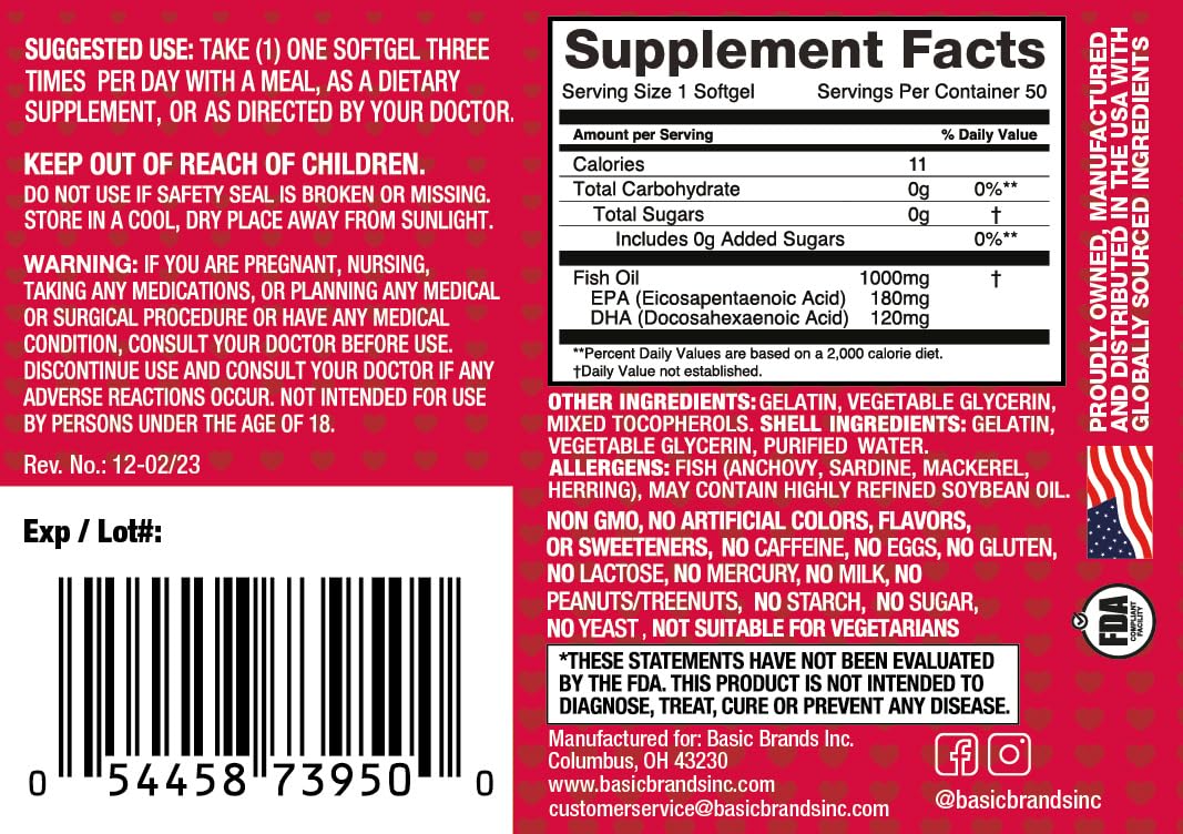 Basic Brands Smart Heart Omega-3 Fish Oil 1000 mg | Heart, Brain & Joint Health, Healthy Triglycerides, Purified Fish Oil, Non-GMO, Gluten-Free, 50 Softgels