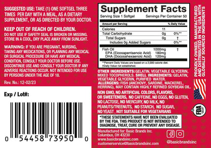Basic Brands Smart Heart Omega-3 Fish Oil 1000 mg | Heart, Brain & Joint Health, Healthy Triglycerides, Purified Fish Oil, Non-GMO, Gluten-Free, 50 Softgels