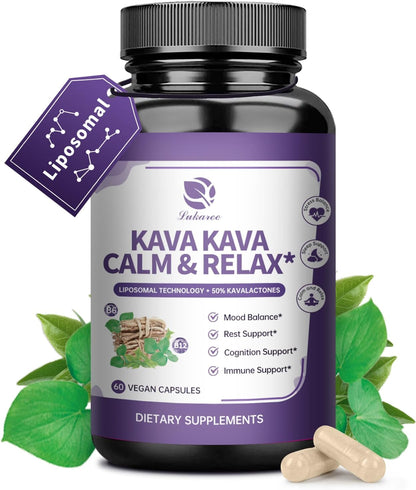 Liposomal Kava Kava Root Extract with L-Theanine, Calm & Sleep, 60 Capsules | 50% Kavalactones, 200mg L-Theanine, Vitamin B6 & B12 for Mood & Cognitive Support