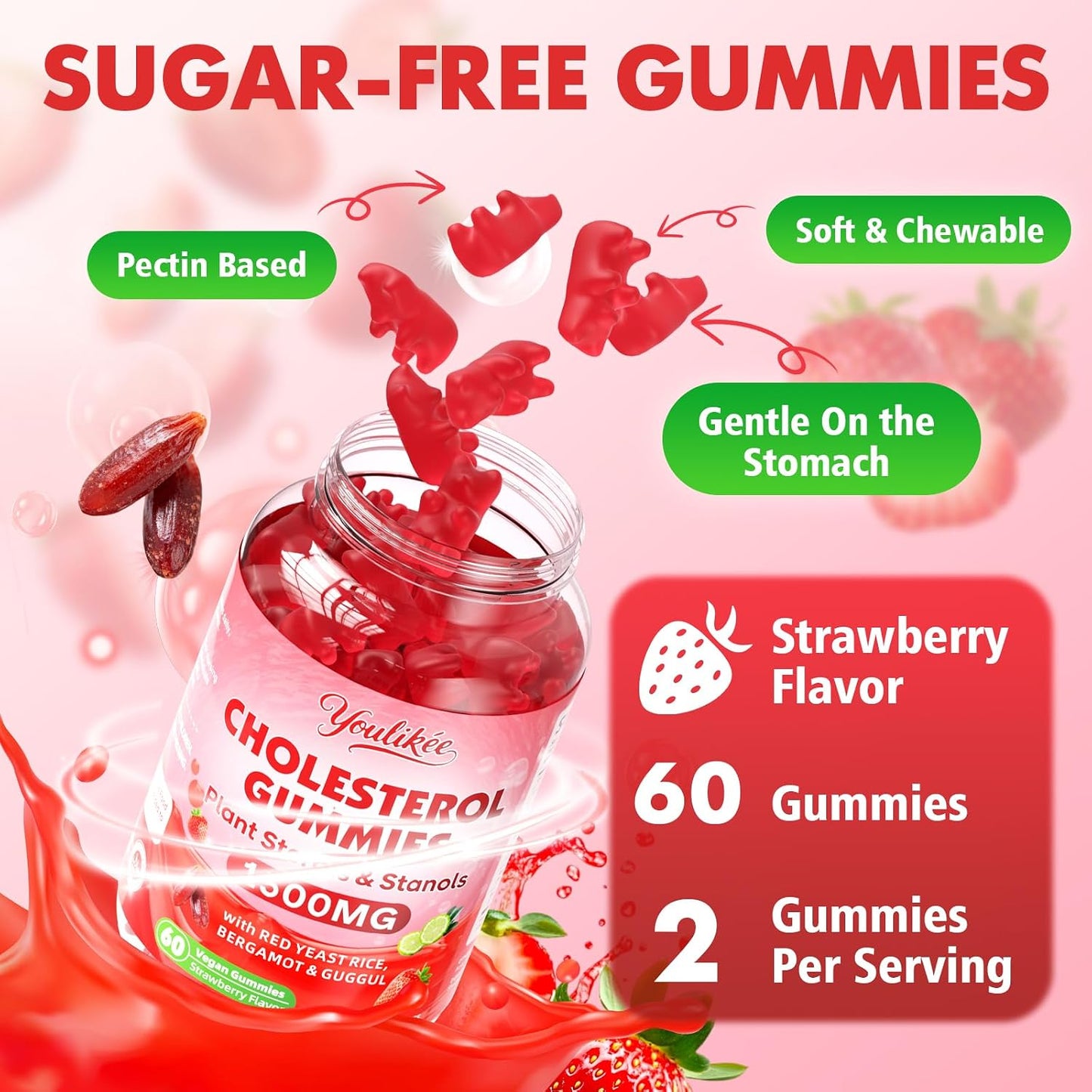 Cholesterol Supplements Gummies with Plant Sterols & Stanols, Guggul, Bergamot Orange, Red Yeast Rice, Sugar Free, Strawberry Flavor, 60 Count