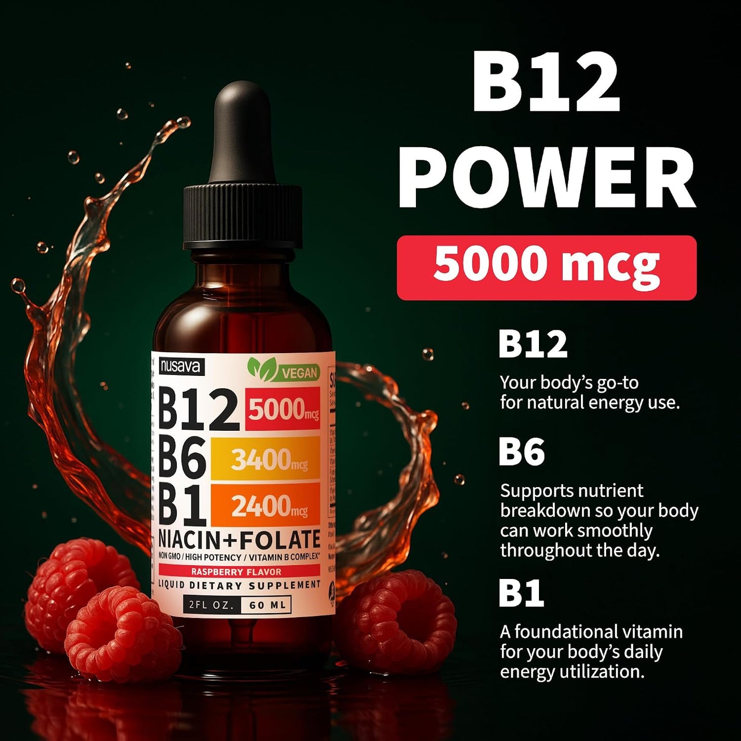 NUSAVA Vitamin B12 Liquid Drops and Strawberry Flavored D3 K2 Bundle — Daily Wellness Liquid Vitamins for Energy & Immune Support — Non-GMO, Gluten-Free, 2pk Each