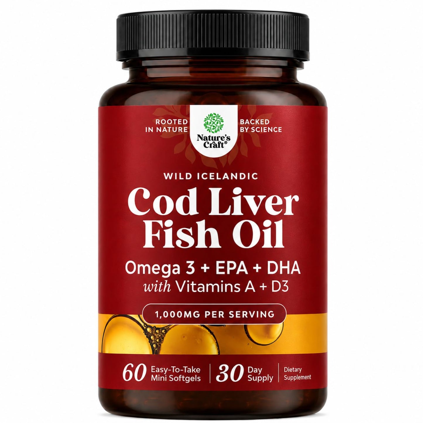 Icelandic Wild Caught Cod Liver Oil Softgels - Fish Omega 3, EPA, DHA, Vitamin D & A, 1000mg Per Serving - Burpless Capsules for Heart, Joint, Brain & Immune Support - 100 Count