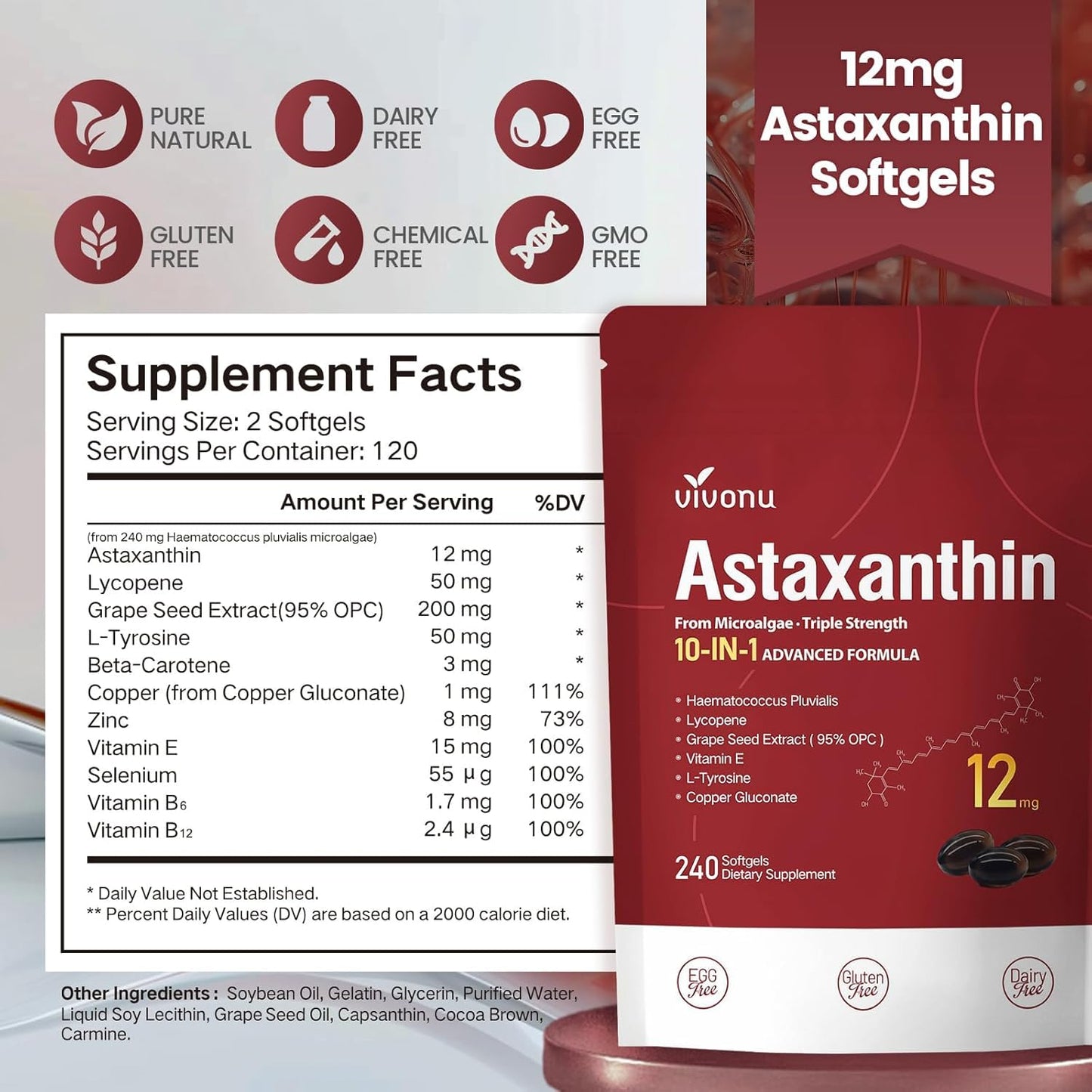 10 in 1 Astaxanthin 12mg Supplements, 4 Month Supply, Astaxantina Antioxidant from Fresh Haematococcus Pluvialis, Contains Lycopene, Grape Seed, Vitamin E, & More Supports Eye, Joints, Skin Health