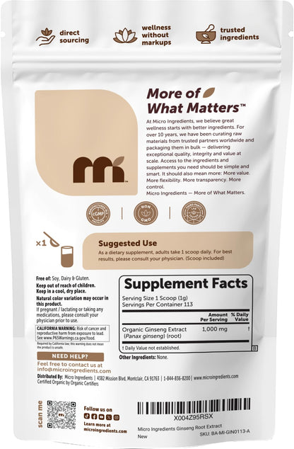 Micro Ingredients Organic Korean Ginseng Root Powder, 4 Ounce | Red Panax Ginseng Root | Traditional Asian Herb | Non-GMO & Vegan Friendly