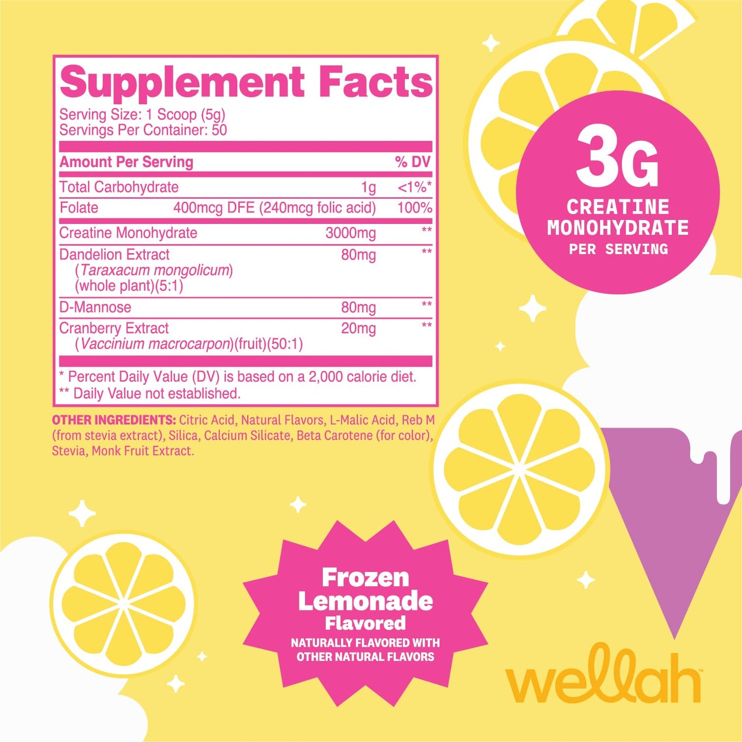 Wellah Creatine for Women - Creatine Monohydrate with Dandelion & Cranberry Extract (50 Servings, Strawberry Lemonade) | Creatine Monohydrate with Dandelion & Cranberry Extract