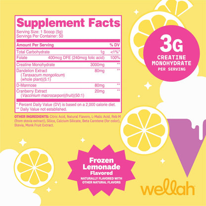 Wellah Creatine for Women - Creatine Monohydrate with Dandelion & Cranberry Extract (50 Servings, Strawberry Lemonade) | Creatine Monohydrate with Dandelion & Cranberry Extract