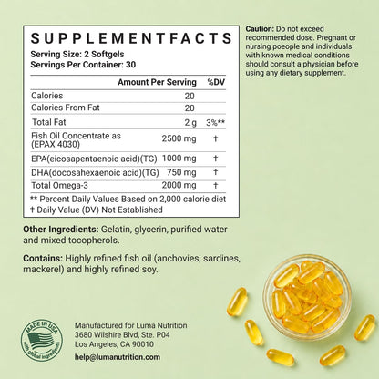 Luma Nutrition Omega 3 Fish Oil Supplement 2500mg - 60 Softgels