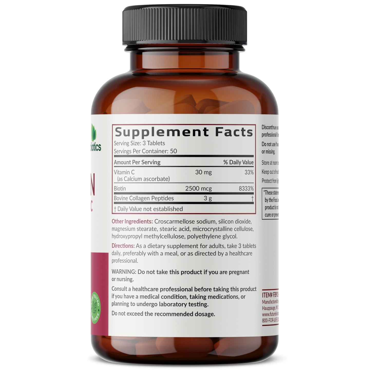 Futurebiotics Collagen Peptides with Biotin & Vitamin C Complex 3-in-1 Formula - for Hair, Skin & Nails Support, Non-GMO, 90 Tablets