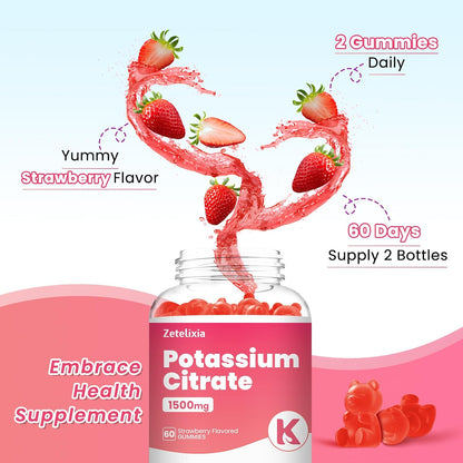 2 Pack Potassium Gummies for Adults Women & Men, Potassium Citrate Supplement, Support Leg Cramps, Muscle Health & Electrolyte Balance, Sugar Free, Organic, Vegan, Strawberry, 120 Cts