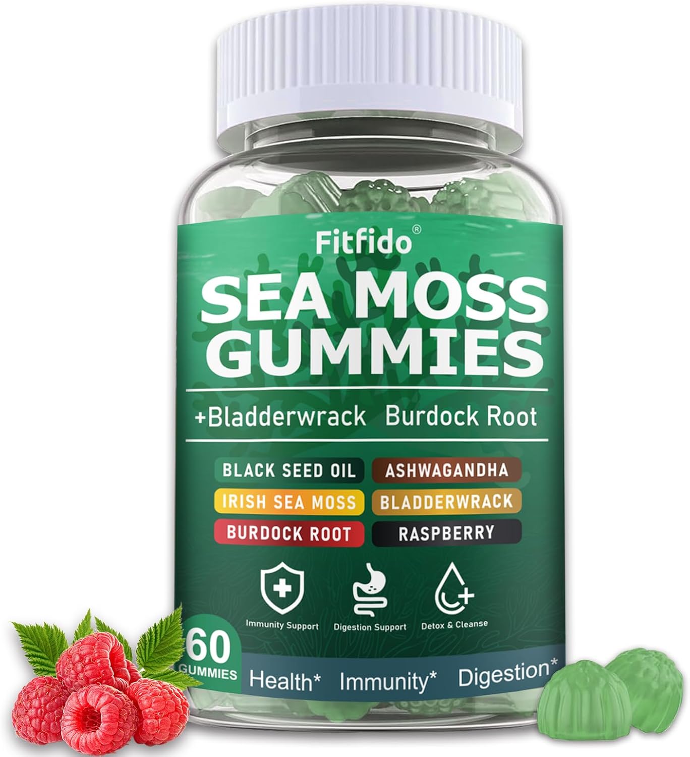 Irish Sea Moss Gummies 3000mg with Bladderwrack, 60 Count | Daily Wellness, Mineral Support, Bladderwrack, Burdock Root, Manuka Honey, 105+ Trace Minerals, Sugar Free, Vegan