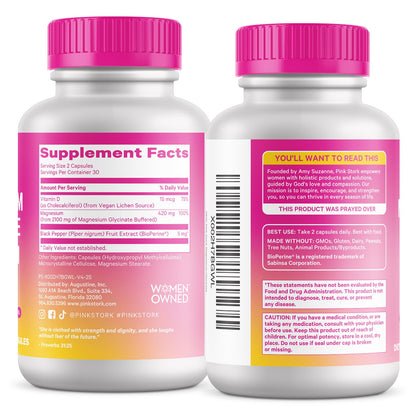 Pink Stork Magnesium Glycinate with Vitamin D, 60 Capsules | Magnesium Supplement for Women, Supports Natural Calm, Mood, and Sleep, Hormone Balance for Women, 1 month supply