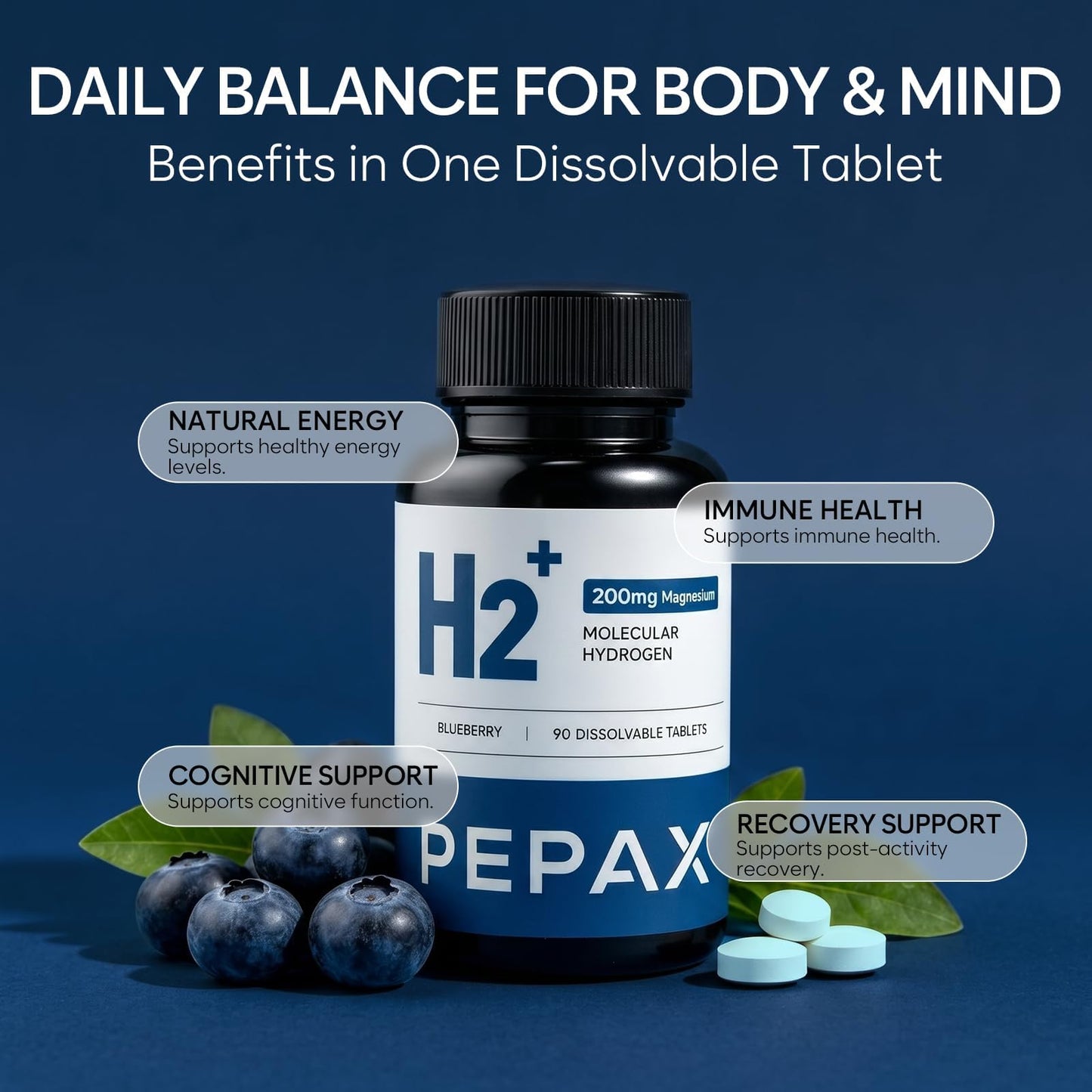 Molecular Hydrogen Water Tablets with Magnesium 16 PPM,IHSA Certified | Rich in Antioxidants - Supports Healthy Aging, Cellular Energy & Brain Health (90 Tablets,Blueberry)