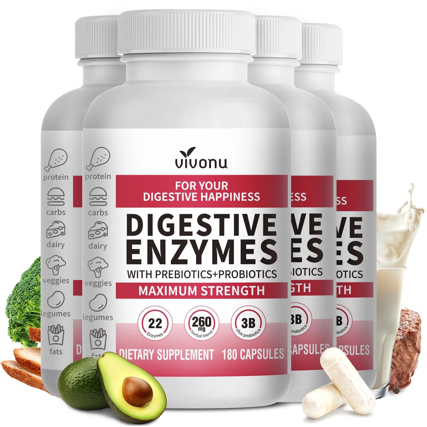 VivoNu Digestive Enzymes | 22 Enzymes with Organic Prebiotics & Probiotics | Supports Digestion* of Protein, Carbs, Fiber & Dairy | 180 Capsules
