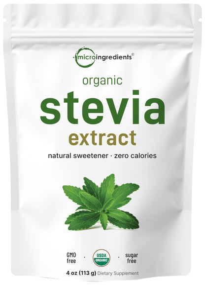 Micro Ingredients Pure Organic Stevia Powder, 8 Ounces, 1418 Serving, Highest Grade Green Leaf Extract Reb-A, Reduced Bitter Aftertaste, 0 Calorie, Natural Sweetener, Sugar Alternative, Keto Friendly