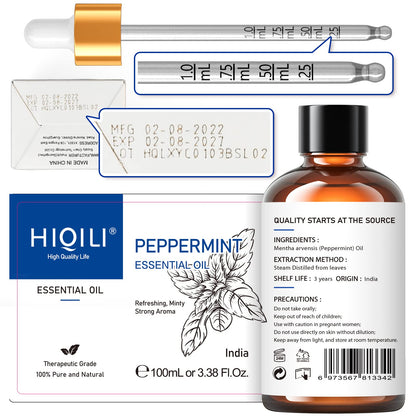 HIQILI Peppermint Oil 100ML, 100% Pure Peppermint Essential Oil Natural for Diffuser