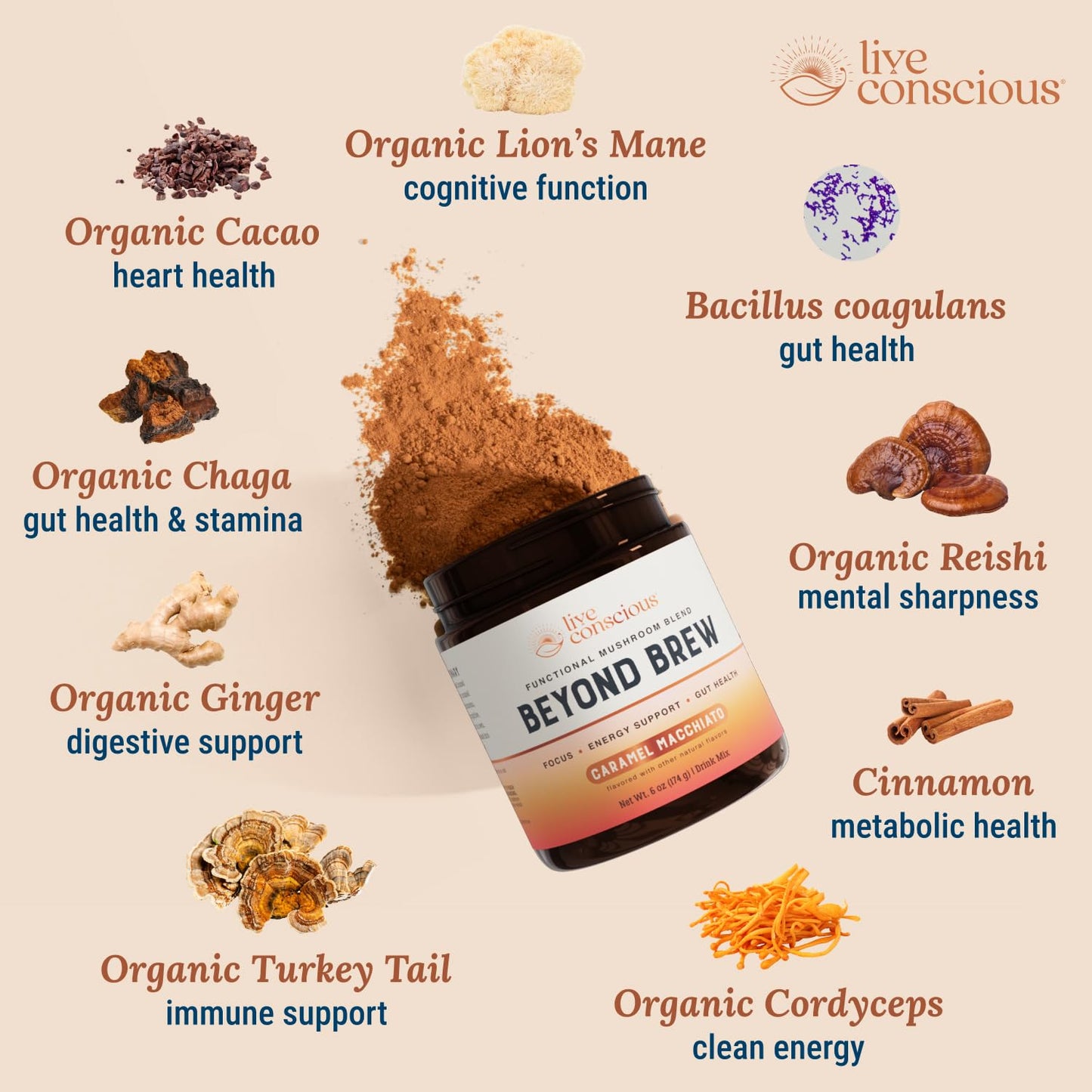 Live Conscious Beyond Brew - Coffee Alternative - Low Caffeine - Mushroom Complex w/Lion’s Mane, Reishi, Cordyceps & Chaga for Sustained Focus, Energy & Immunity - w/Prebiotics & Probiotics - 30