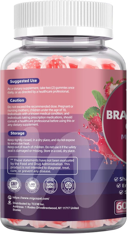 Migcopat Brain Supplements for Memory & Focus – Nootropic Gummies w/Bacopa, Lion’s Mane, Ginkgo & 10-in-1 Mushroom Complex, Mental Clarity & Cognitive Support, Caffeine-Free Strawberry Flavor 60 Cts