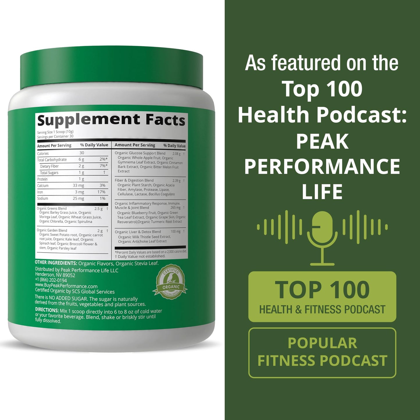 Peak Performance Organic Greens Superfood Powder. Best Tasting Super Greens Powder with 25+ Organic Ingredients for Max Energy and Athletic Performance. Vegan Keto Green Juice Daily Drink
