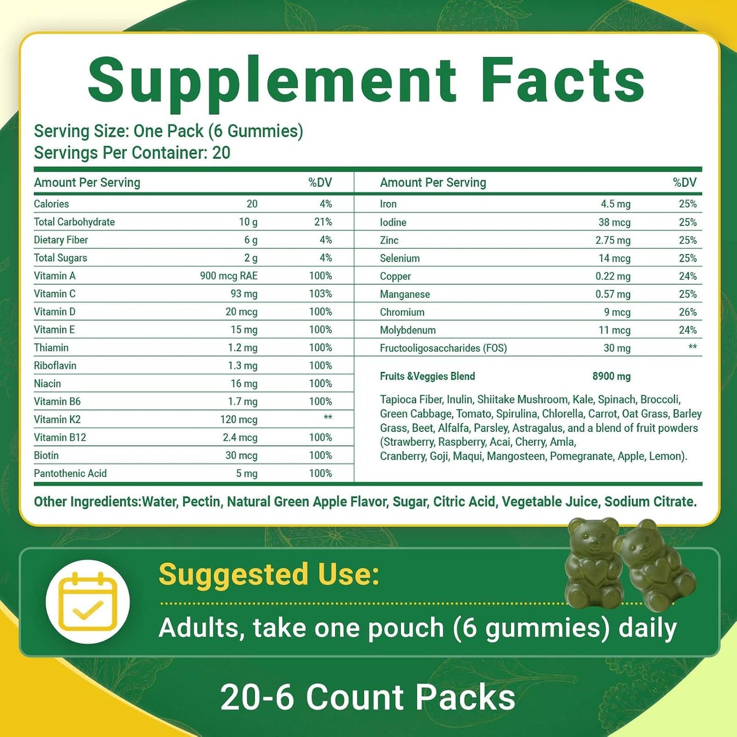 Greens Daily Gummies, Super Greens Multivitamin Gummy for Women and Men, Superfood Gummies with Spirulina, Chlorella, Adaptogens,Fruits, Vegetables, Support Digestion Gut Health - 20 Servings