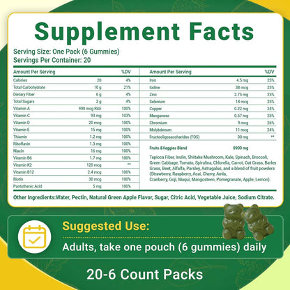 Greens Daily Gummies, Super Greens Multivitamin Gummy for Women and Men, Superfood Gummies with Spirulina, Chlorella, Adaptogens,Fruits, Vegetables, Support Digestion Gut Health - 20 Servings
