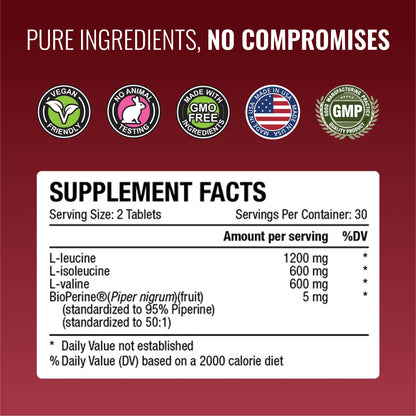 Approved Science BCAA Supplement - 60 Tablets - 2400mg - Increase Performance and Enhance Muscle Development - L-Leucine, L-Isoleucine, L-Valine - Made in USA, Non-GMO