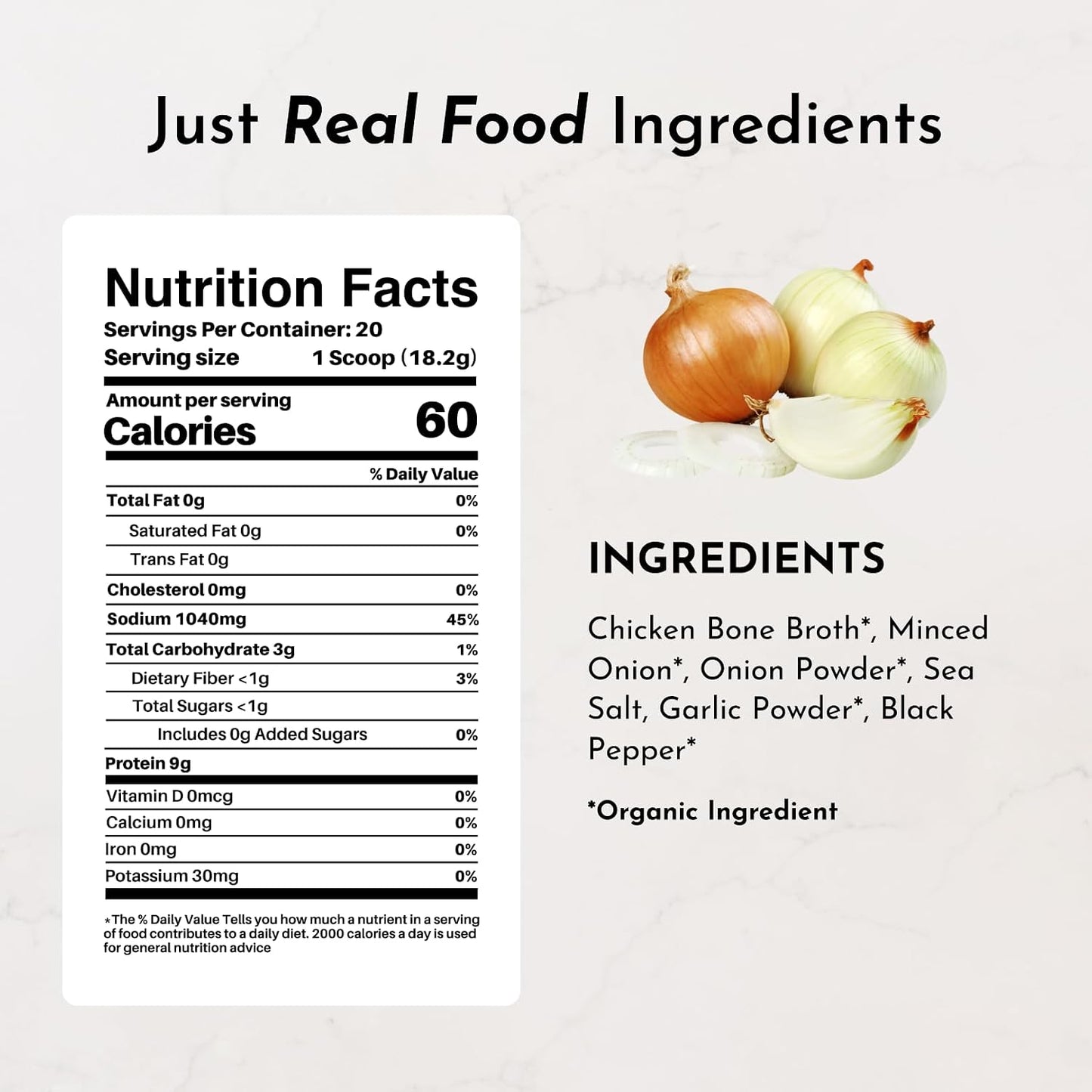 Just Ingredients French Onion Soup Mix Powder - 20 Servings, 9g Protein, Bone Broth, Gut Health