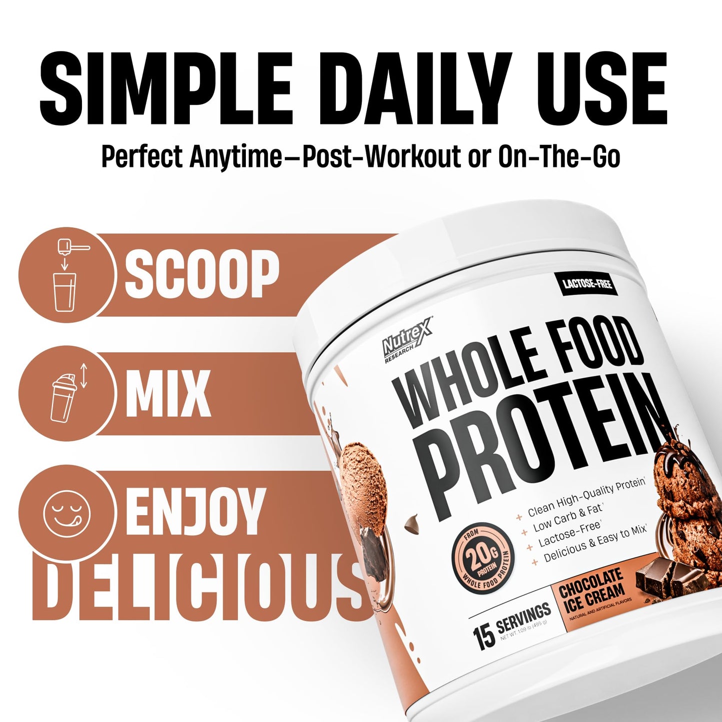 Nutrex Research Whole Food Protein Powder, 20g Protein per Scoop, Lactose Free, Dairy Free, Low Carb Low Fat, Collagen Peptides, 15 Servings (Vanilla Milkshake)