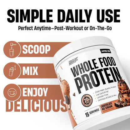 Nutrex Research Whole Food Protein Powder, 20g Protein per Scoop, Lactose Free, Dairy Free, Low Carb Low Fat, Collagen Peptides, 15 Servings (Vanilla Milkshake)