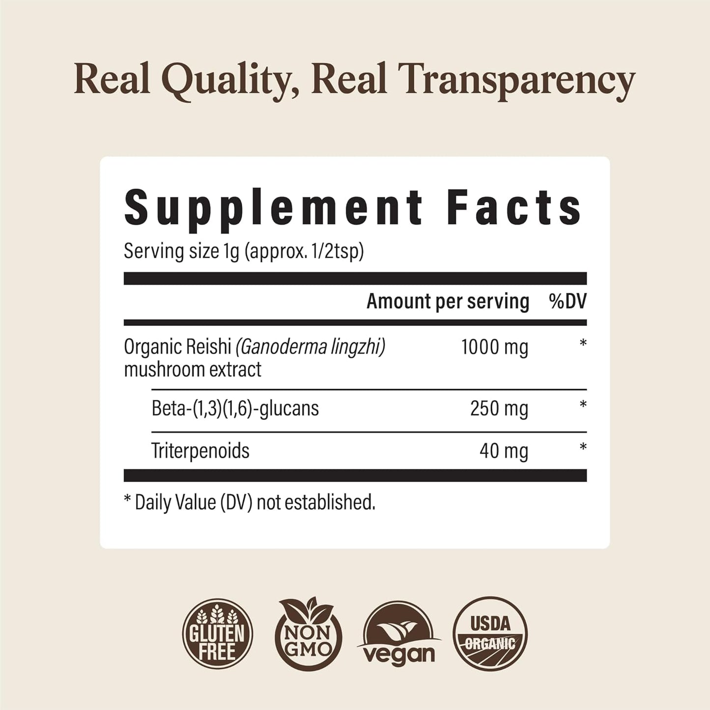Real Mushrooms Reishi Mushroom Powder - Handpicked Organic Mushroom Extracts - Red Reishi for Tranquil Daily Wellness with Verified Beta Glucans Vegan, Non-GMO, No Grain Fillers, 100 Servings