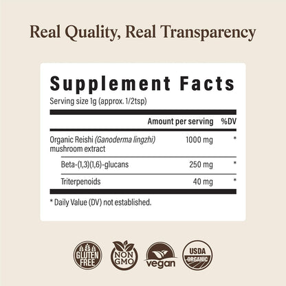Real Mushrooms Reishi Mushroom Powder - Handpicked Organic Mushroom Extracts - Red Reishi for Tranquil Daily Wellness with Verified Beta Glucans Vegan, Non-GMO, No Grain Fillers, 45 Servings