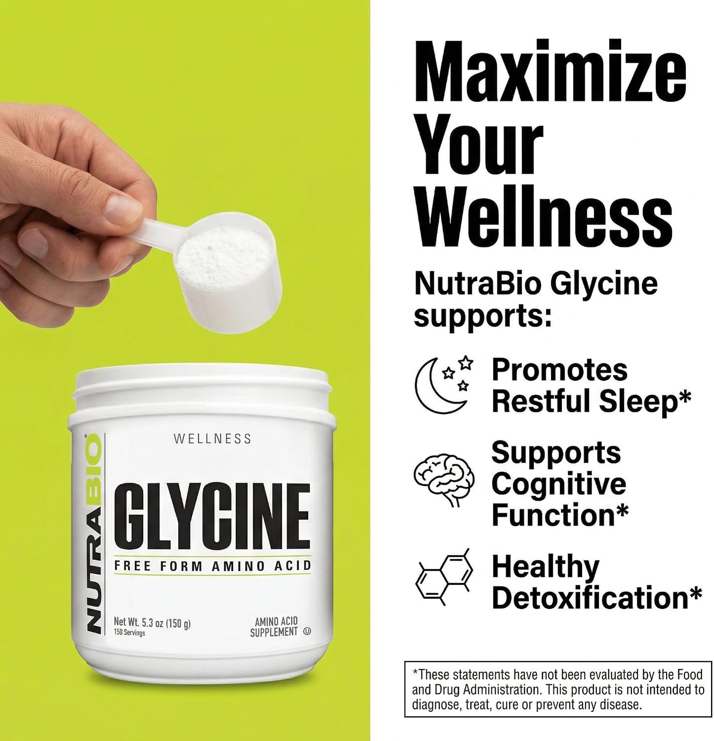 NutraBio Glycine Powder - Glycine Supplement- Free Form Amino Acid Supplement - 1000mg Serving - 150g, 150 Servings