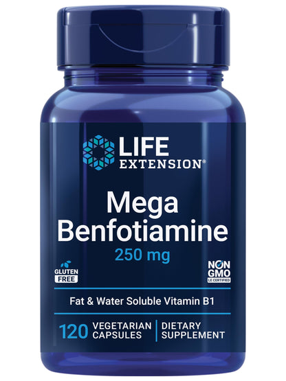 Life Extension Mega Benfotiamine 250 mg, 180 Vegetarian Capsules | 250 mg of benfotiamine and 10 mg of thiamine (vitamin B1) per capsule. Non-GMO, Gluten Free, Vegetarian.